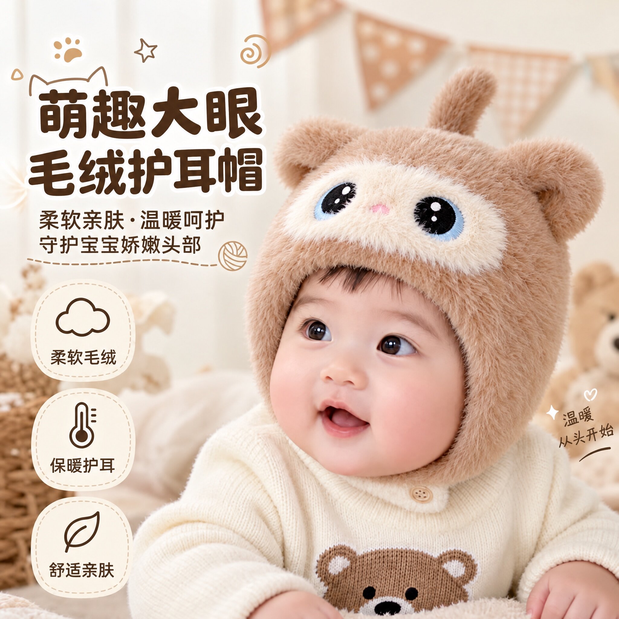 婴儿帽子秋冬季小月龄外出宝宝帽子婴幼儿保暖毛线帽护耳针织胎帽
