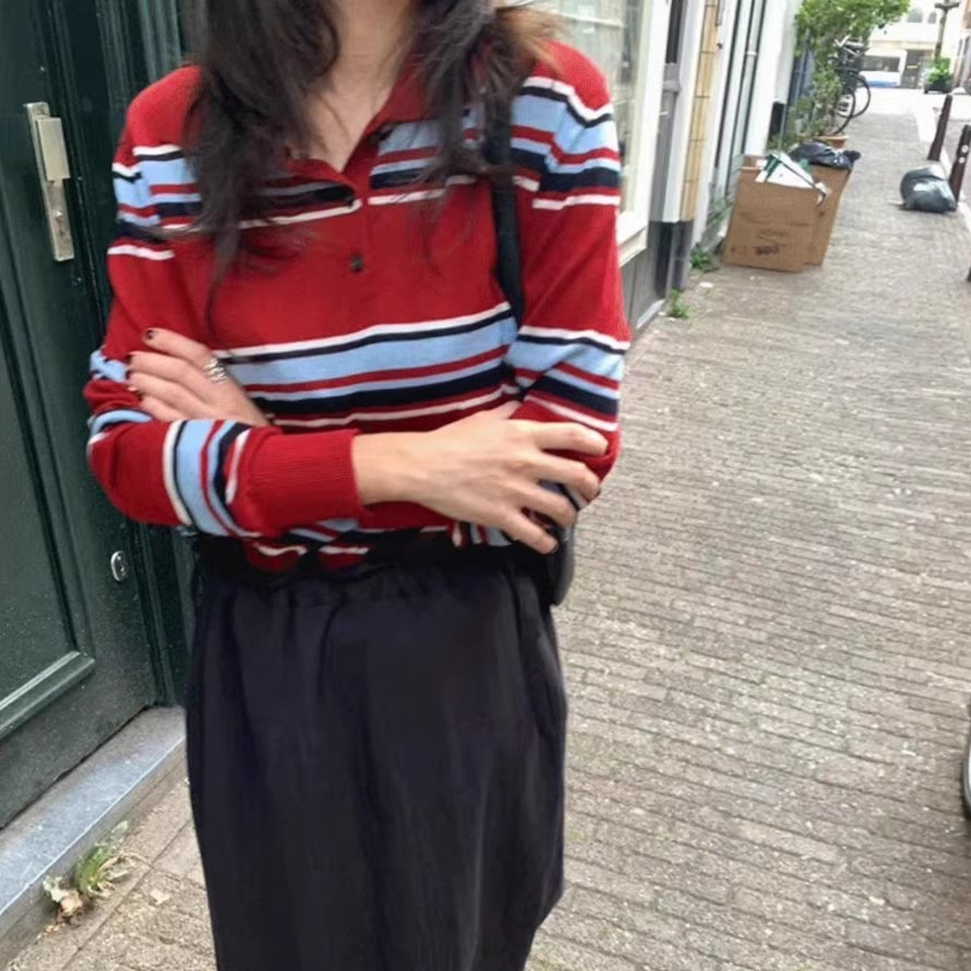 羊毛条纹针织衫女polo领长袖毛衣