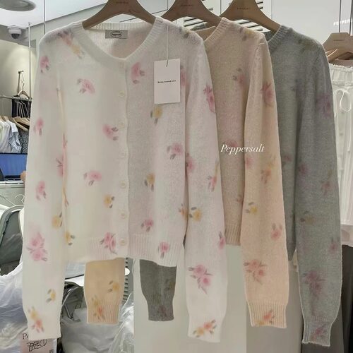 韩系碎花开衫女圆领甜美针织衫