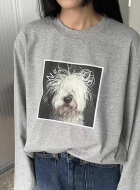 天花板！韩国nde秋季2025韩系百搭小狗印花宽松T恤女圆领长袖上衣