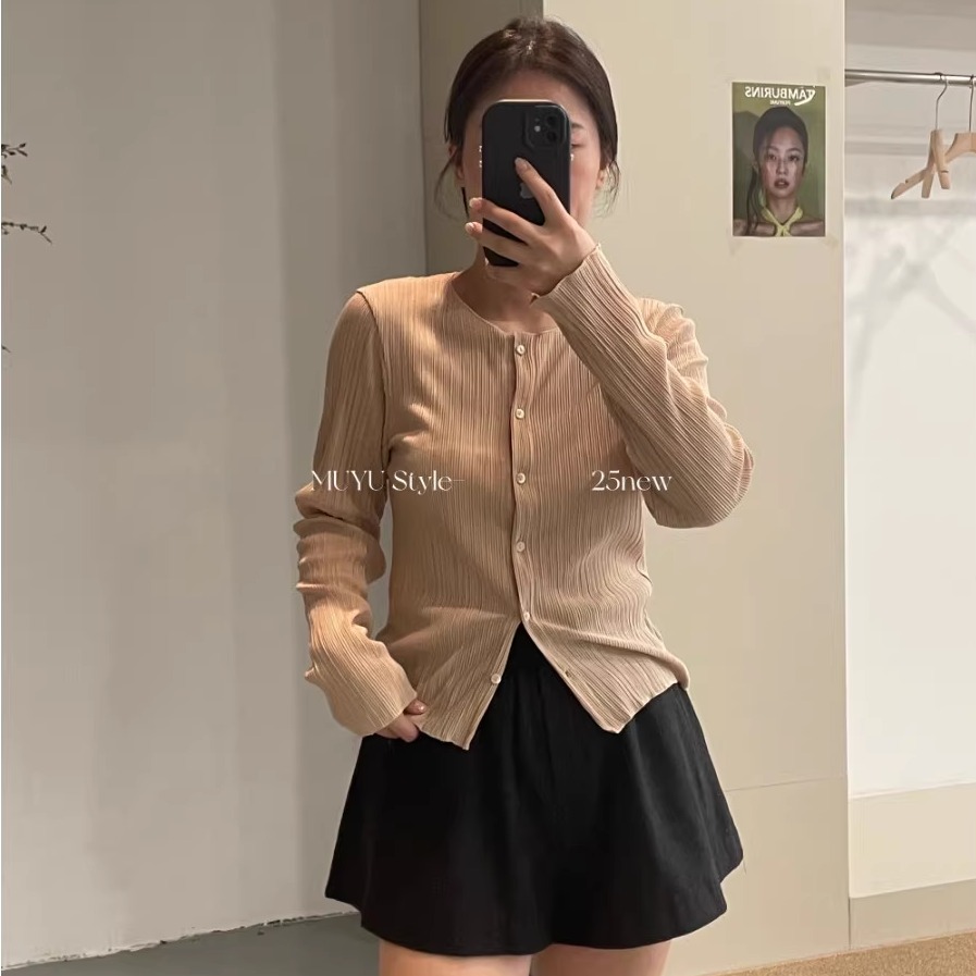 秋季简约纯色褶皱长袖打底衫上衣