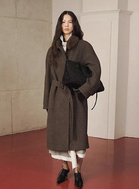 代工厂！VERSO韩国2025冬季气质优雅可卸毛领腰带羊毛大衣中长款