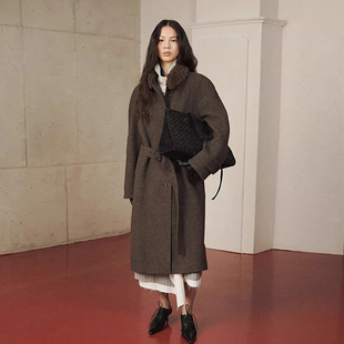 代工厂！VERSO韩国2025冬季气质优雅可卸毛领腰带羊毛大衣中长款