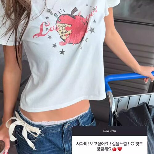 可爱苹果印花短袖T恤女修身上衣