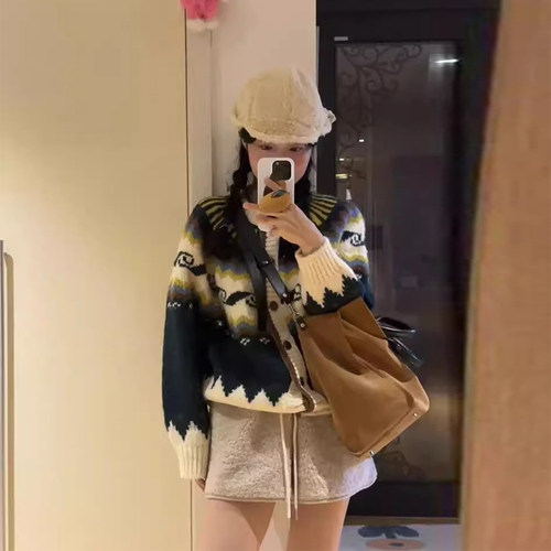 天花板！韩国green butter2025秋季复古撞色费尔岛针织开衫毛衣女