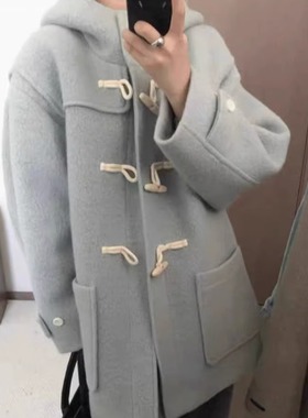 代工厂！theable韩国2025冬新款连帽牛角扣大衣女毛呢外套中长款