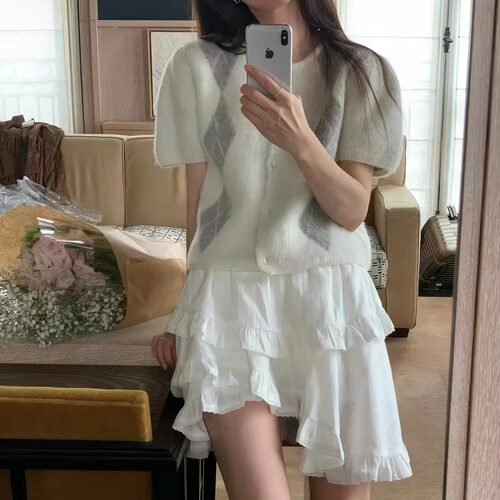 菱形格短袖针织衫女百搭叠穿毛衣