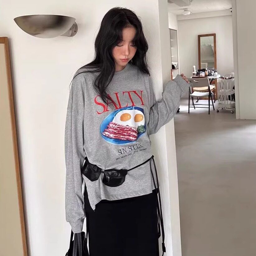 天花板！韩国东大门BOWIE2026春款可爱煎蛋印花字母圆领长袖T恤女