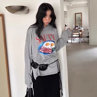 T恤女 可爱煎蛋印花字母圆领长袖 天花板 韩国东大门BOWIE2025秋季