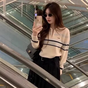 代工厂！韩国东大门pouch2026春polo领条纹针织衫女羊毛毛衣上衣