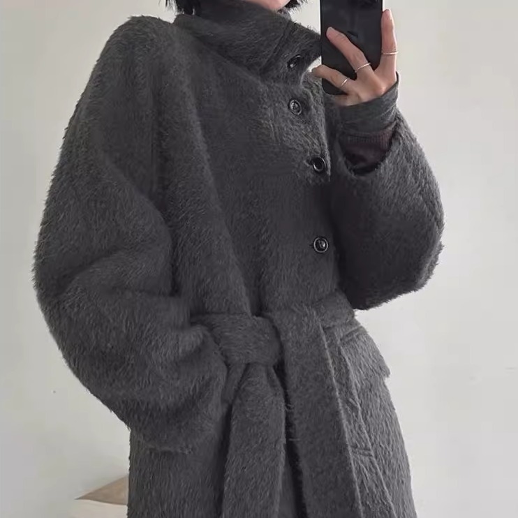 系带羊驼毛羊毛大衣毛呢外套女
