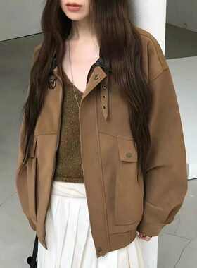 复古百搭皮领外套女气质工装夹克