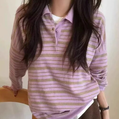 条纹撞色长袖针织衫女polo领毛衣