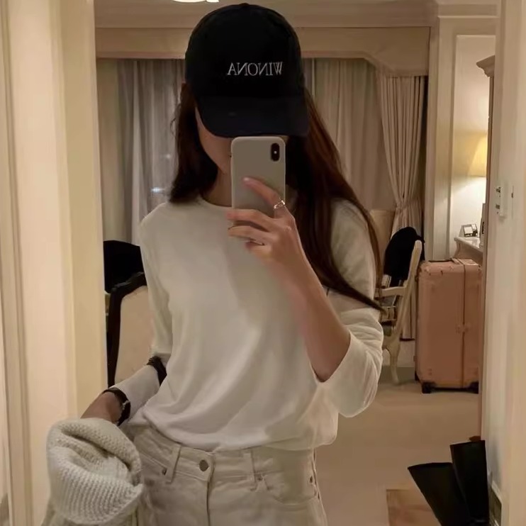 纯色长袖打底女圆领磨毛加绒T恤