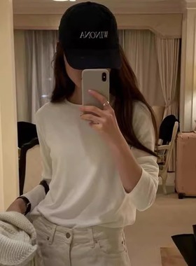 源头工厂！OUNCE韩国2025秋冬新款纯色长袖打底女圆领磨毛加绒T恤