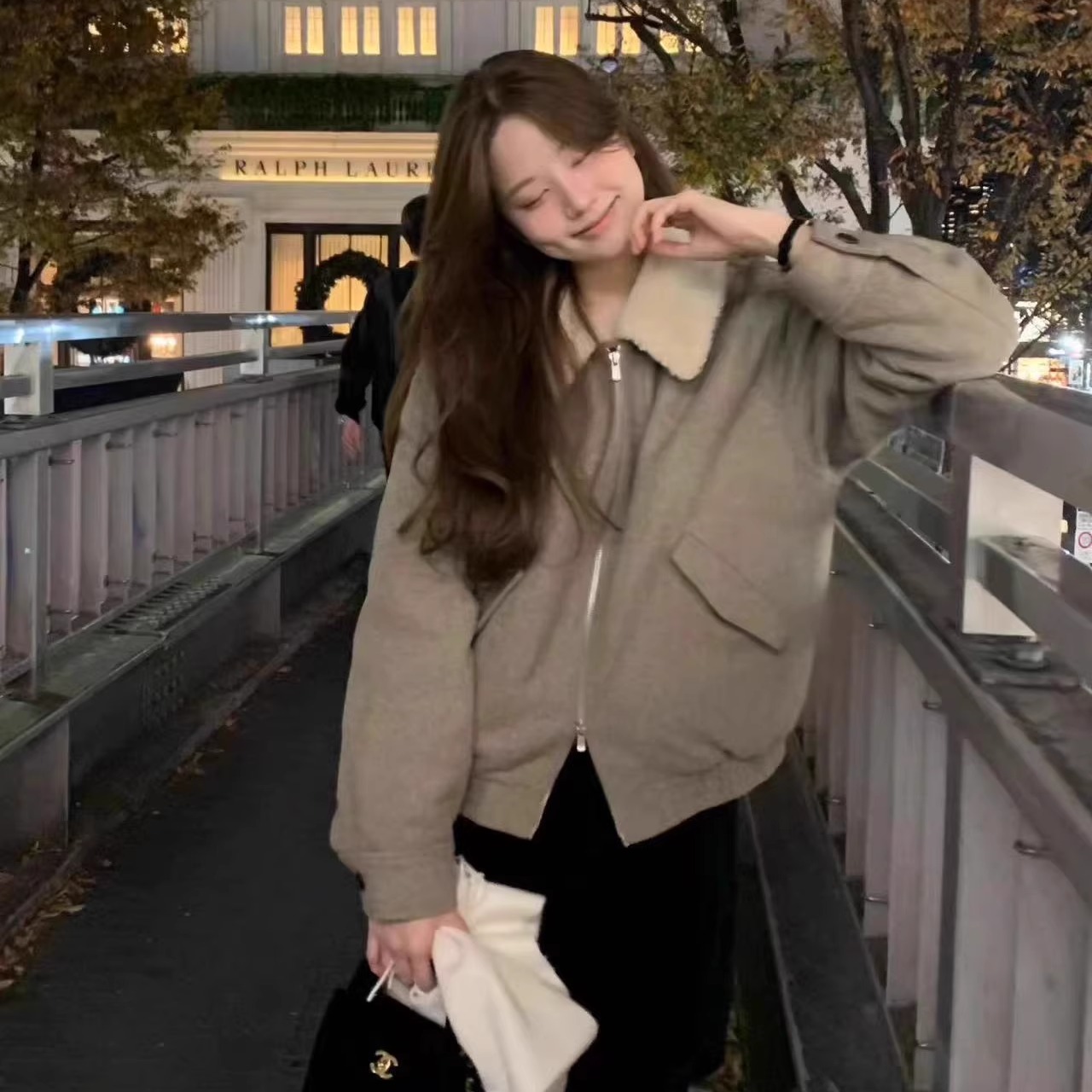 韩系百搭羊羔毛夹克女毛呢外套