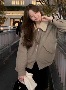 代工厂！韩国东大门OUNCE2025冬季韩系百搭羊羔毛夹克女毛呢外套