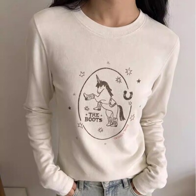 独角兽卡通印花长袖T恤女上衣