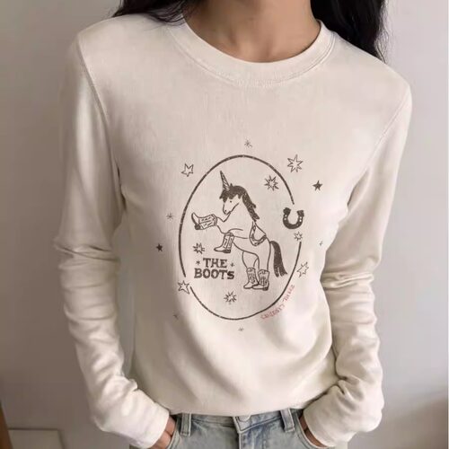 独角兽卡通印花长袖T恤女上衣