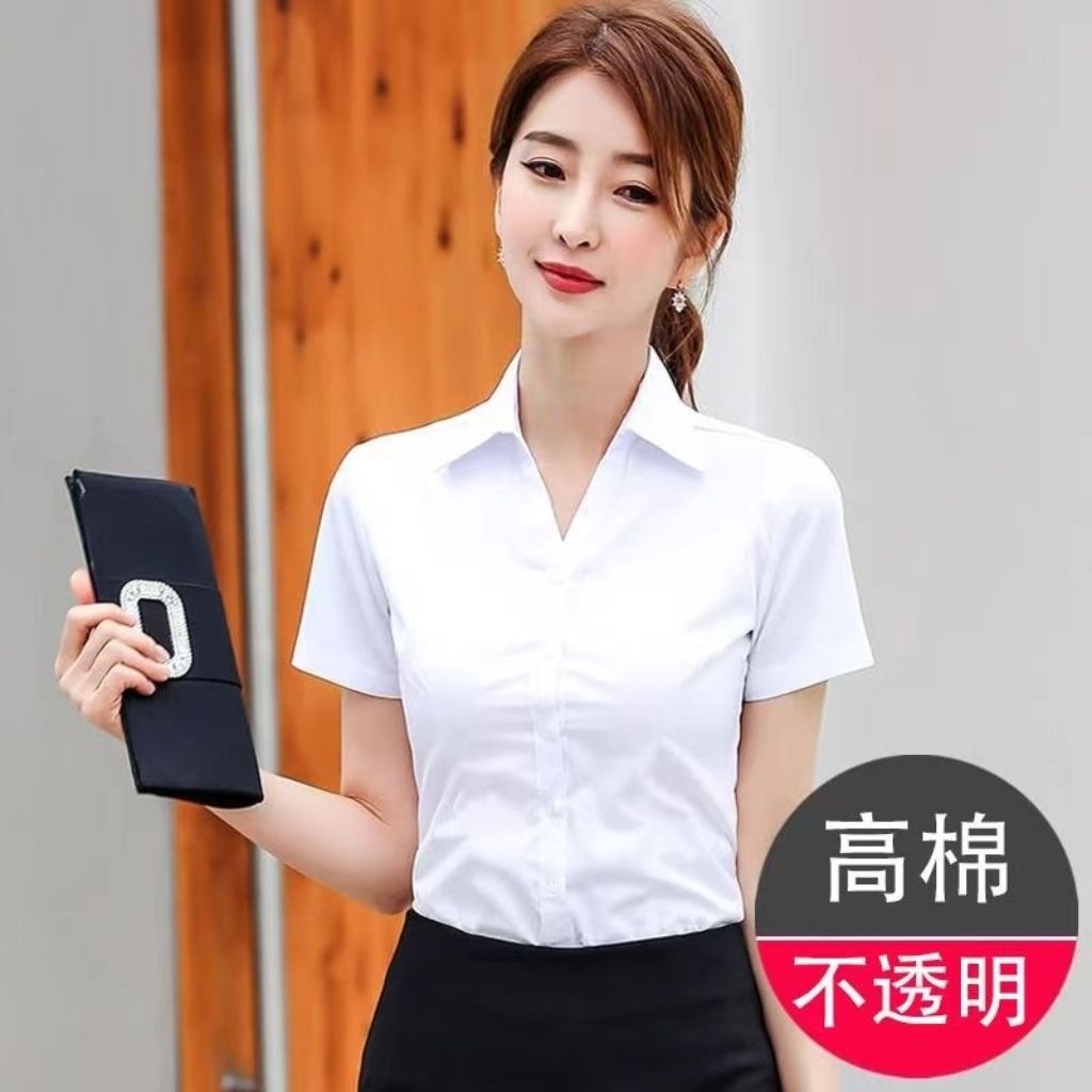 白色衬衫女短袖v领上衣气质2025夏季新款女士衬衣职业正装工作服