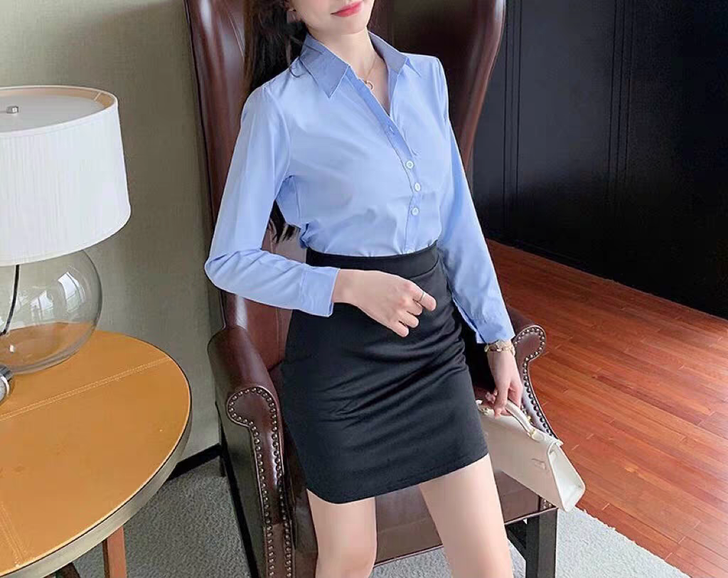 蓝色衬衫长袖女春夏季打底衫韩版气质时尚百搭白领正装面试工作服