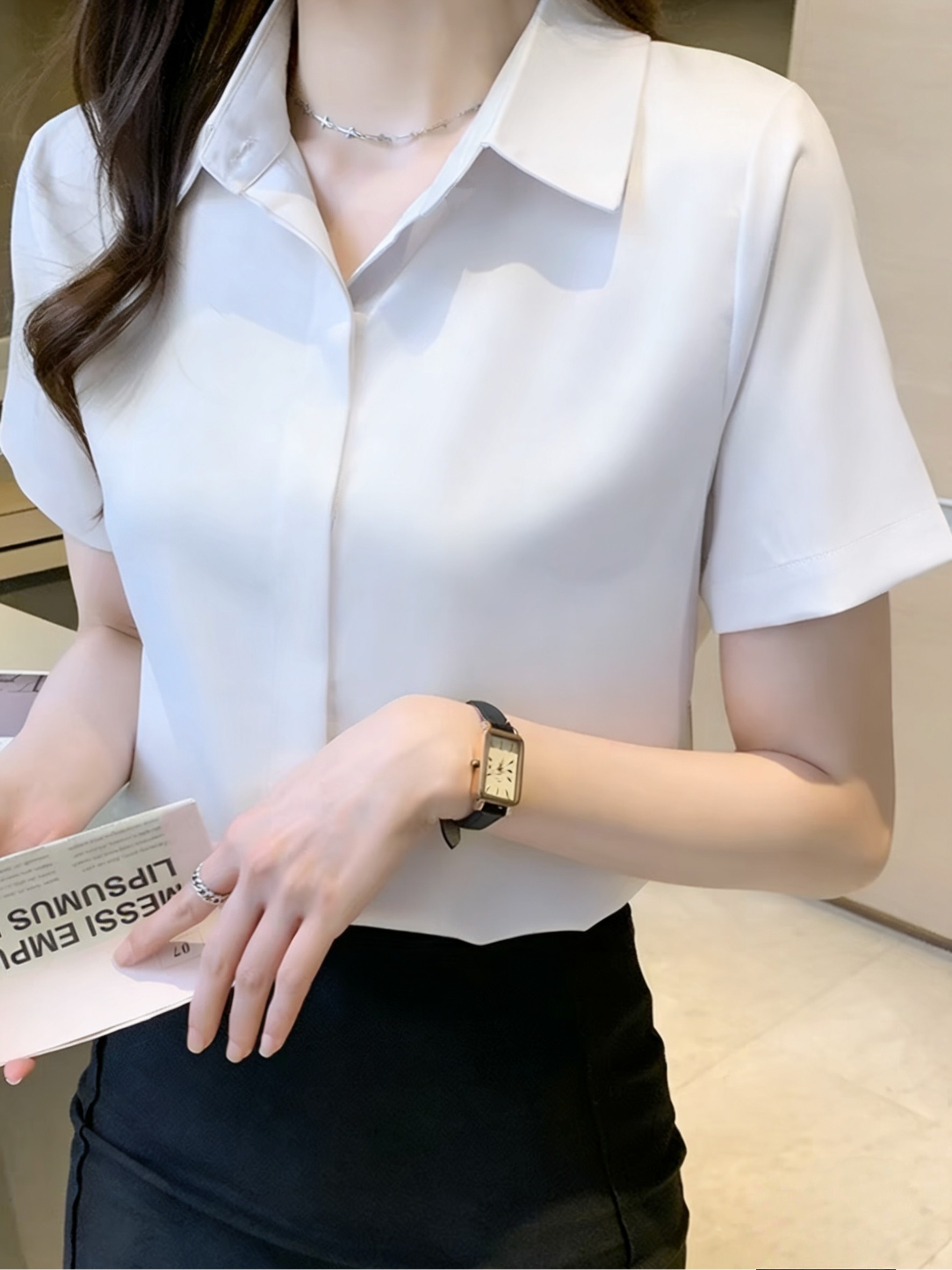 职业白衬衫女短袖夏季新款工装空姐面试正装v领衬衣套装空乘制服