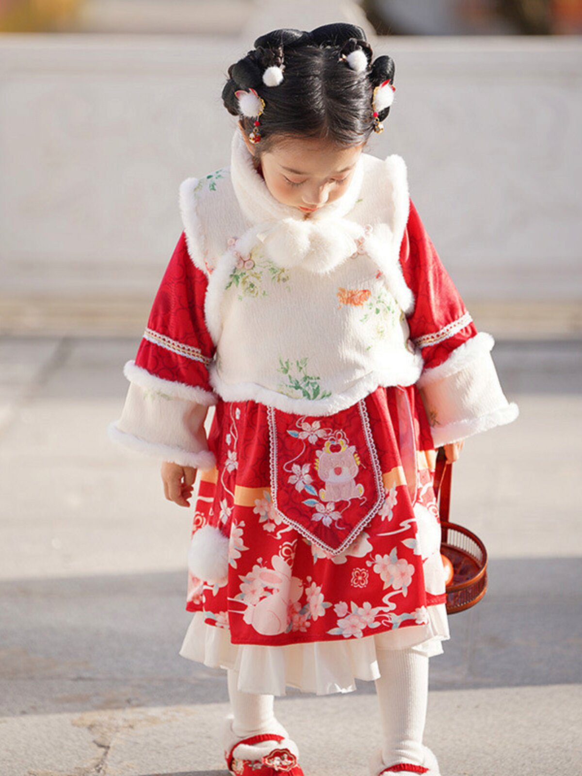 여자 수 놓은 중국 스타일 XIAOLONG HANFU 정장 어린이 붉은 축제 새해 인사 정장 플러스 벨벳 두꺼운 HANFU 스커트 겨울