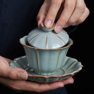 台湾柏韵葵花汝窑盖碗汝瓷三才盖杯冰裂纹开片泡茶碗陶瓷功夫茶具