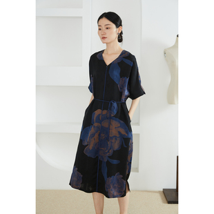 一丝牵 系带长裙夏 真丝香云纱绞罗连衣裙100%桑蚕丝V领连肩短袖