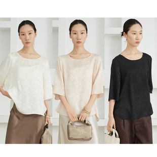 一丝牵国风极简真丝提花花萝中袖 上衣女100%桑蚕丝宽松显瘦小衫