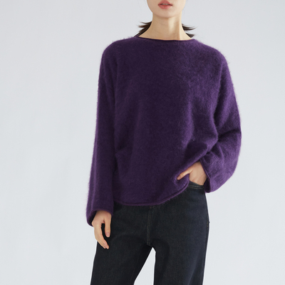 特惠 100%山羊绒拉绒针织毛衣女圆领宽松羊绒衫树莓粉针织上衣冬