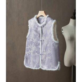 高定 填充90%蚕丝棉丝毛织金提花棉服马甲女拼接毛条加厚外套冬