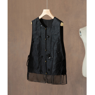 SILVIYE溯也 100%桑蚕丝香云纱拼接欧根纱亮片刺绣真丝马甲外套女