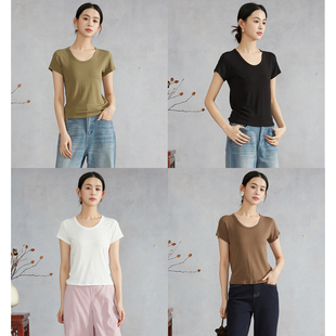 SILVIYE溯也 T恤女修身 打底衫 针织上衣夏 莱赛尔亚麻圆领纯色短袖