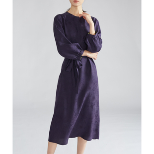 一丝牵 绞萝真丝提花连衣裙100%桑蚕丝圆领系带收腰长裙春 双面穿