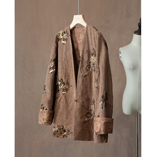 SILVIYE溯也100%桑蚕丝亮片刺绣原龟香云纱真丝茶服女一粒扣外套