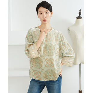 特惠 桑蚕丝植绒新中式真丝国风上衣女宽松圆领斜门襟长袖衬衣春