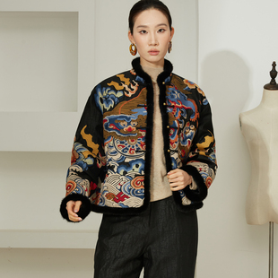 一丝牵填充100%桑蚕丝重工满绣国风香云纱棉服外套新中式 棉衣棉袄