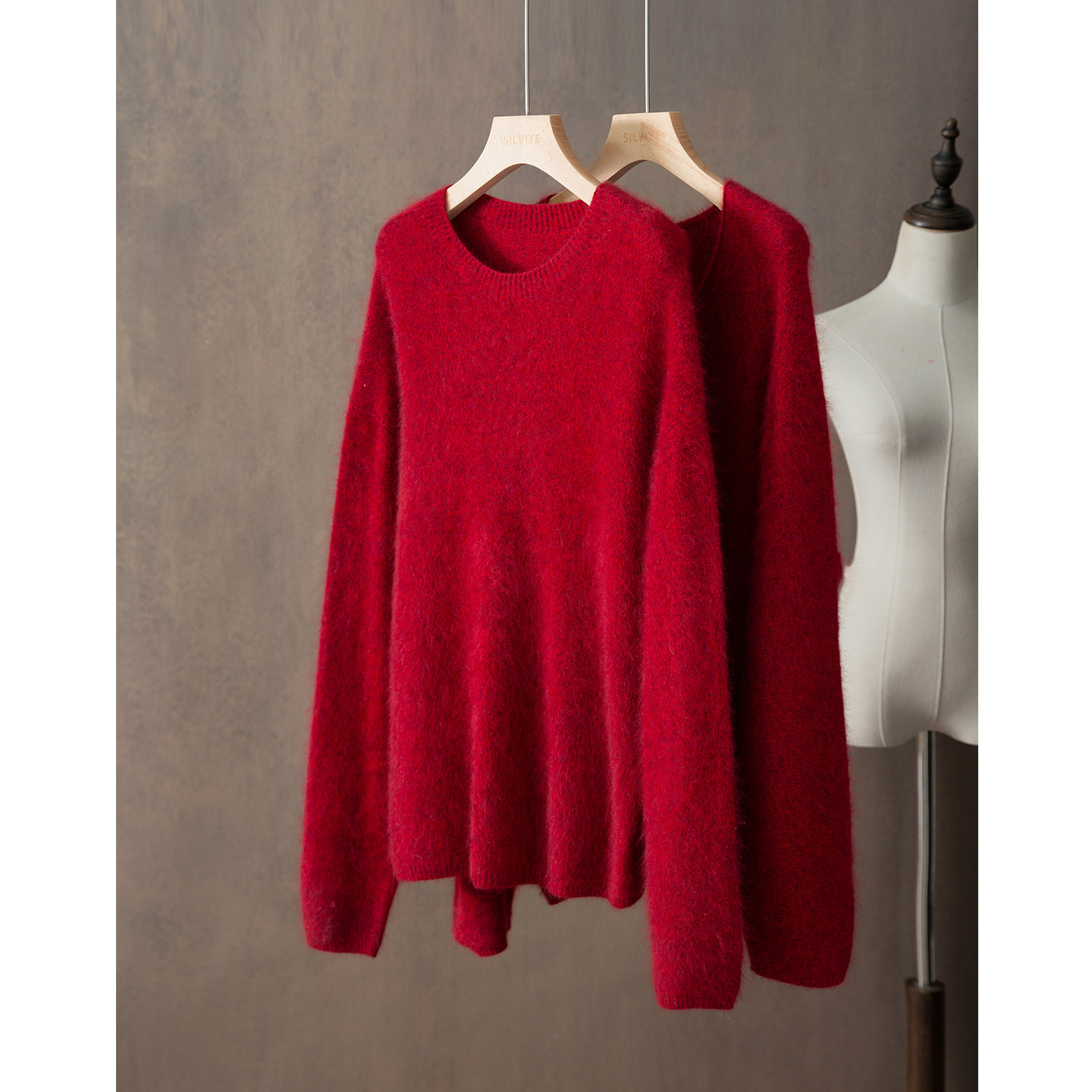 SILVIYE圆领+V领定染花纱山羊绒绵羊毛拉绒拉毛针织衫加厚毛衣冬