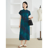 一丝牵 真丝香云纱改良旗袍连衣裙女100桑蚕丝立领收腰短袖 长裙夏