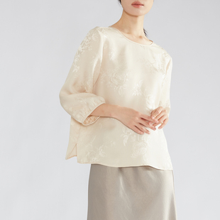 一丝牵 上衣女国风气质宽松100桑蚕丝衬衣 真丝绞萝提花圆领七分袖