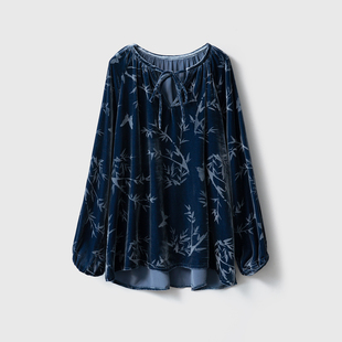 真丝宽松上衣 一丝牵100%桑蚕丝底布丝绒国风圆领蝴蝶结宽松灯笼袖