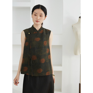 一丝牵 外套春 真丝香云纱波点马甲女100%桑蚕丝立领斜襟系带中式