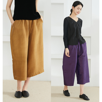 一丝牵100%桑蚕丝双宫绸真丝阔腿裤女宽松休闲直筒九分裤百搭裤子