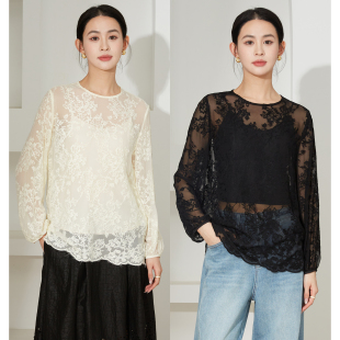 SILVIYE溯也 女圆领上衣春 100%桑蚕丝满幅刺绣真丝国风蕾丝打底衫