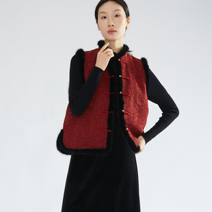 SILVIYE溯也 国风桑蚕丝水貂毛冬 香云纱油丝真丝马甲棉服女新中式