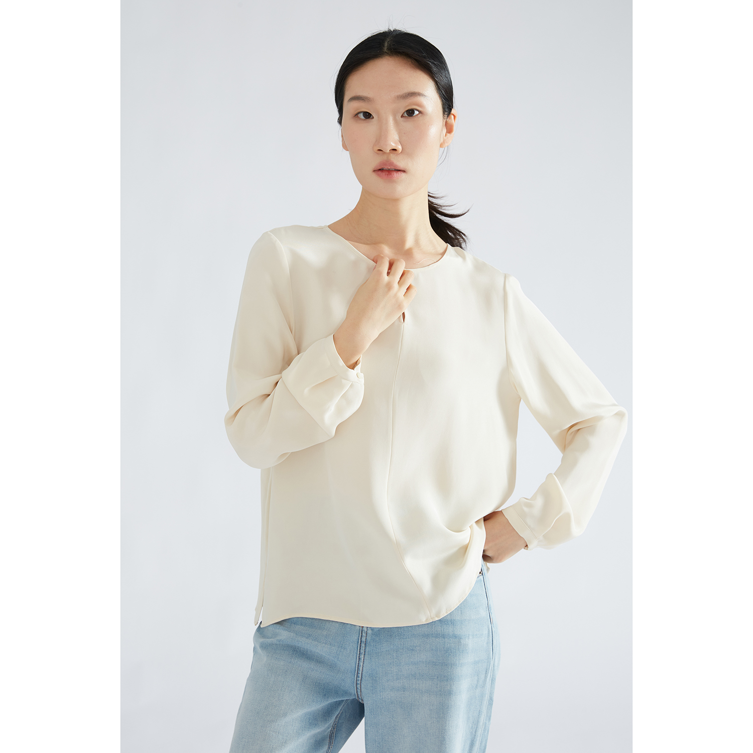 特惠 重绉30姆米真丝长袖上衣休闲T恤女100%桑蚕丝一粒扣衬衣夏