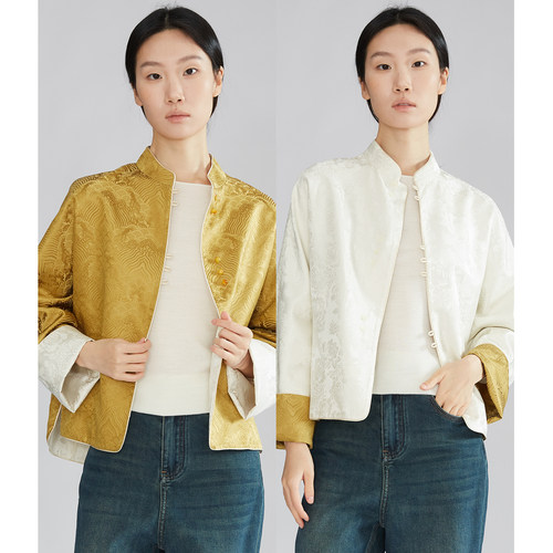一丝牵 双面穿海浪纹真丝提花外套女桑蚕丝新中式立领挽袖开衫
