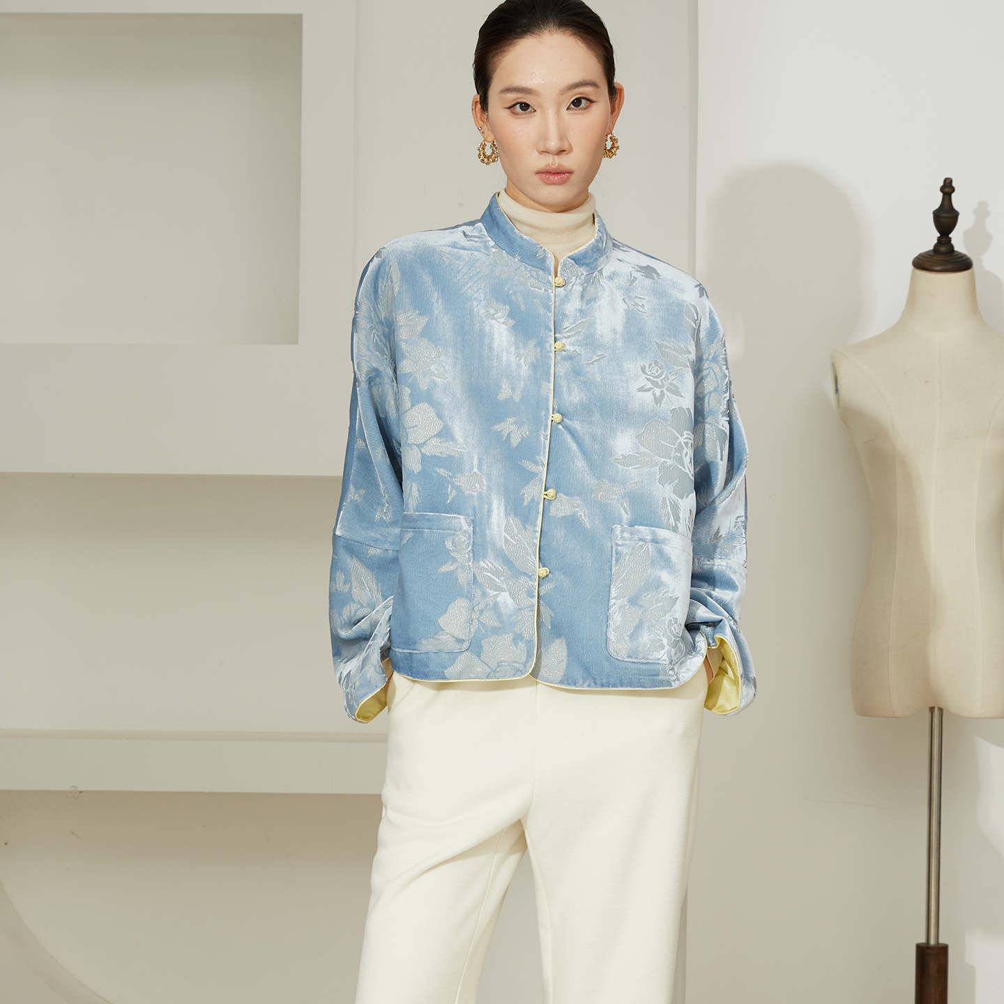 SILVIYE双面穿国风真丝丝绒提花开衫外套桑蚕丝新中式盘扣春秋新