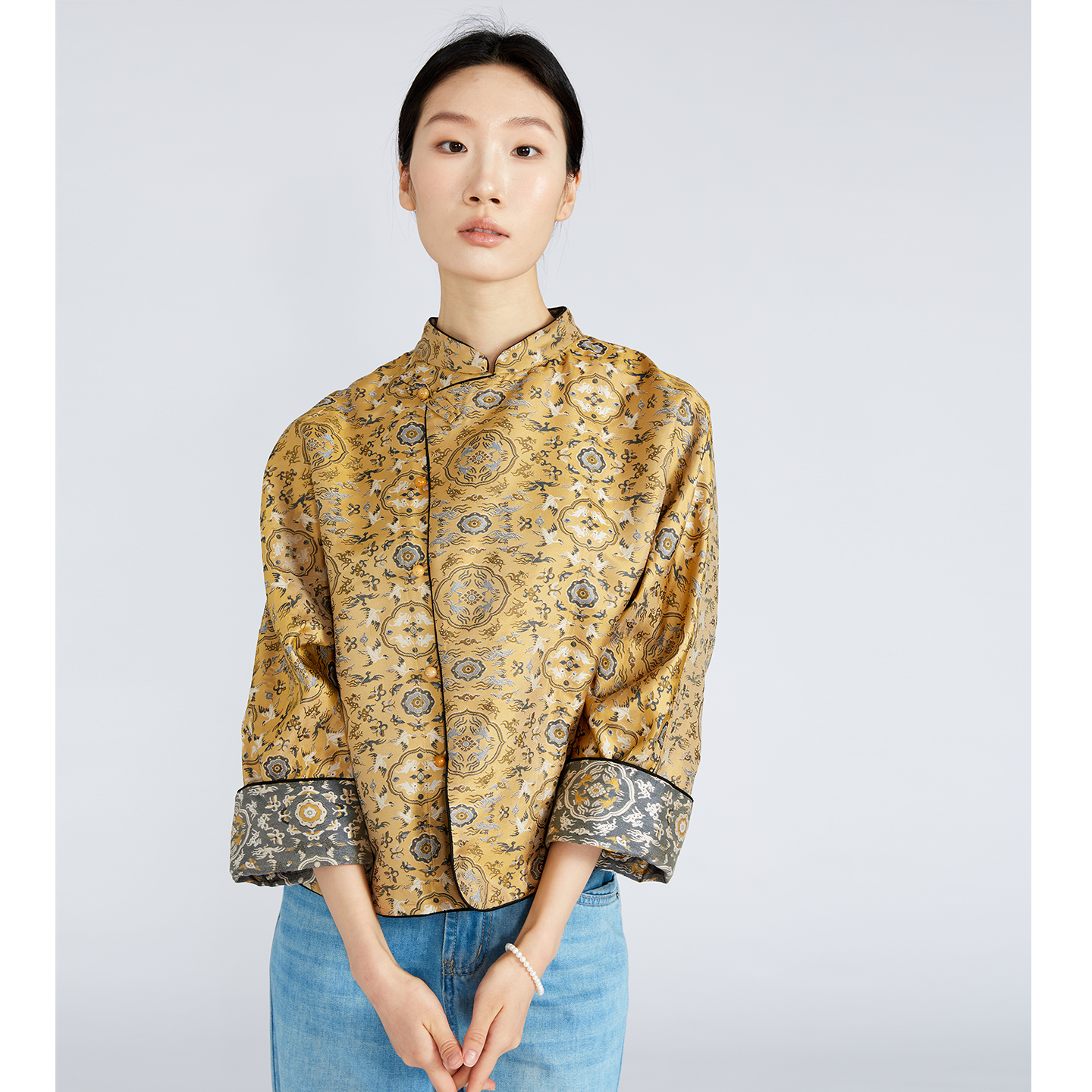 一丝牵 100桑蚕丝定制锦衣华服真丝宋锦立领开衫斜门襟女提花外套